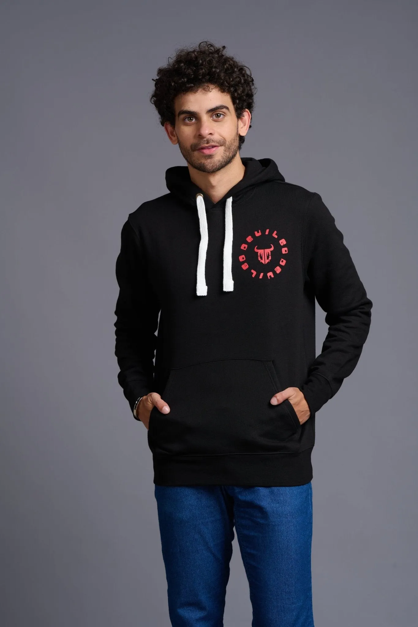 Devil in Red Printed Black Hoodie for Men