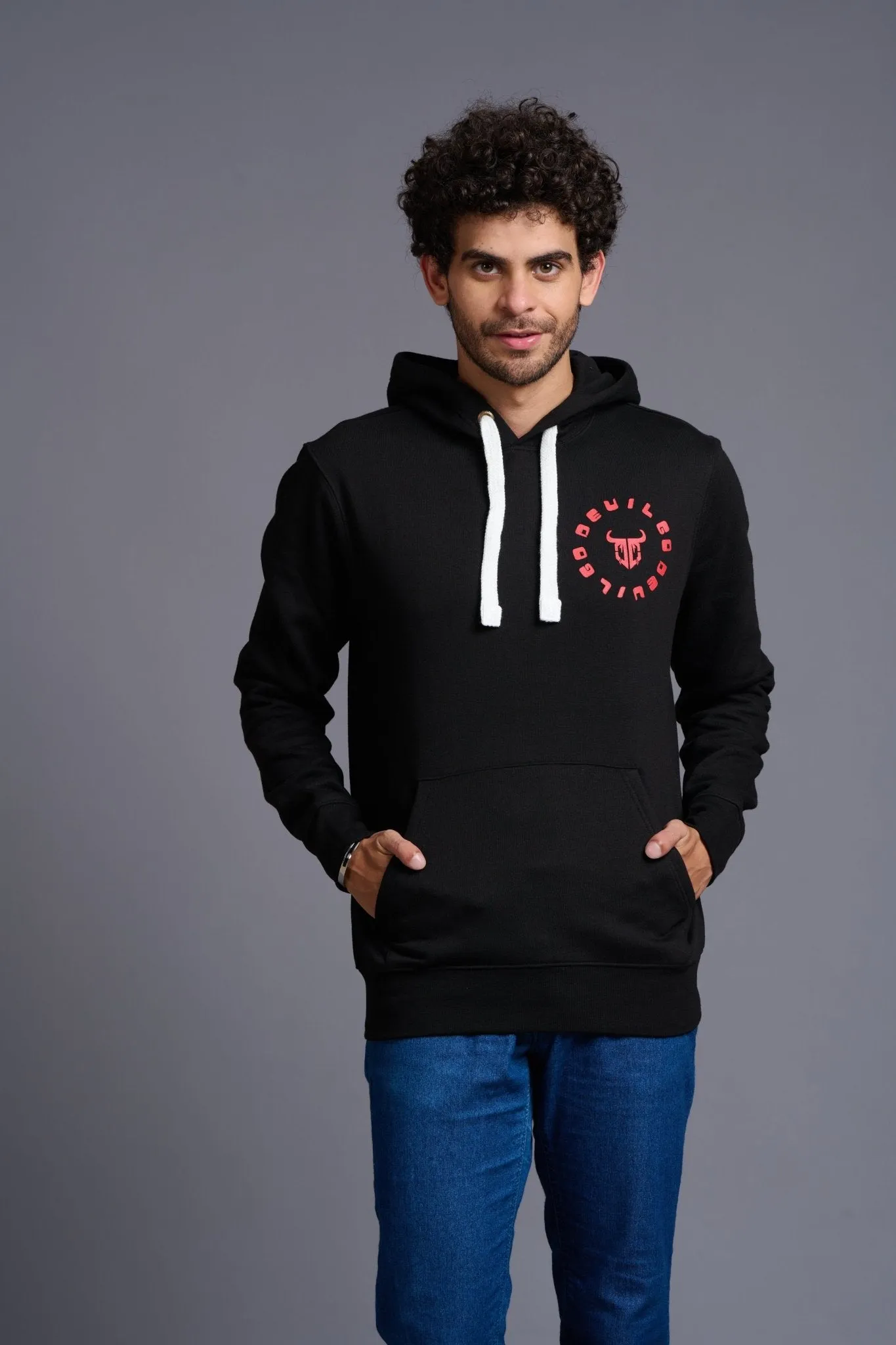 Devil in Red Printed Black Hoodie for Men