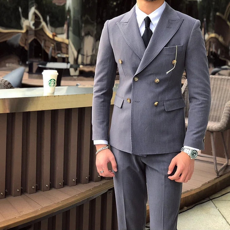 England Style Double Breasted Skinny Fit Business Two-Piece Suit for Men