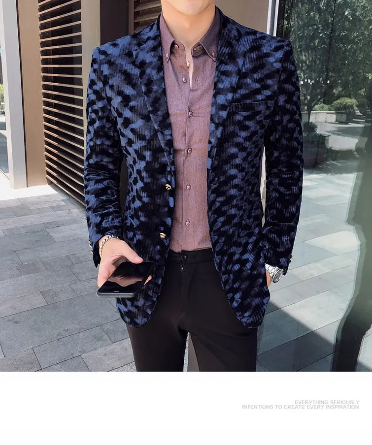 England Style Leopard Print Full Sleeve Single Button Party Blazer for Men