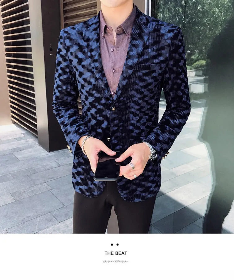 England Style Leopard Print Full Sleeve Single Button Party Blazer for Men