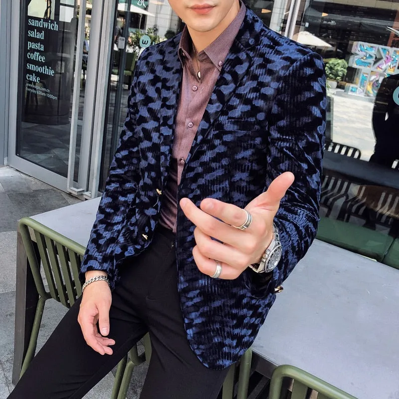 England Style Leopard Print Full Sleeve Single Button Party Blazer for Men