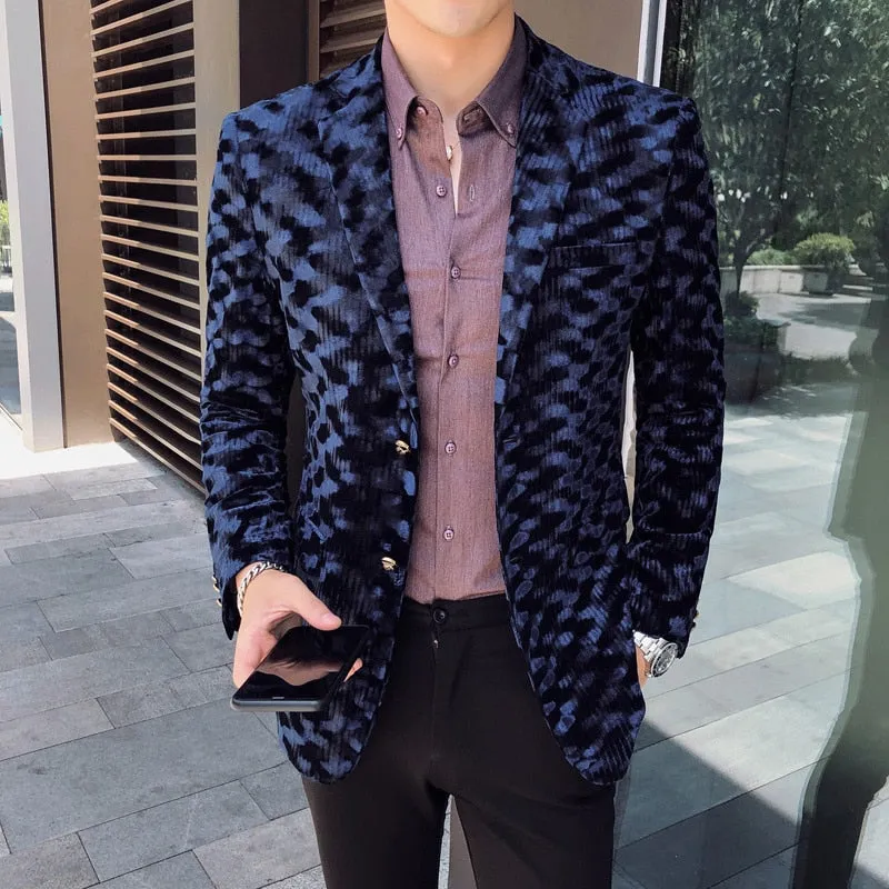 England Style Leopard Print Full Sleeve Single Button Party Blazer for Men