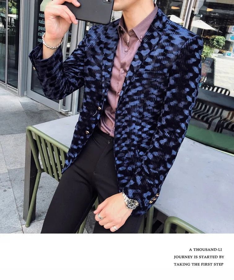 England Style Leopard Print Full Sleeve Single Button Party Blazer for Men