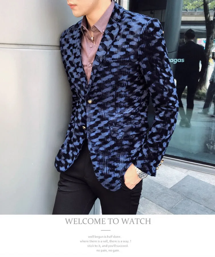 England Style Leopard Print Full Sleeve Single Button Party Blazer for Men