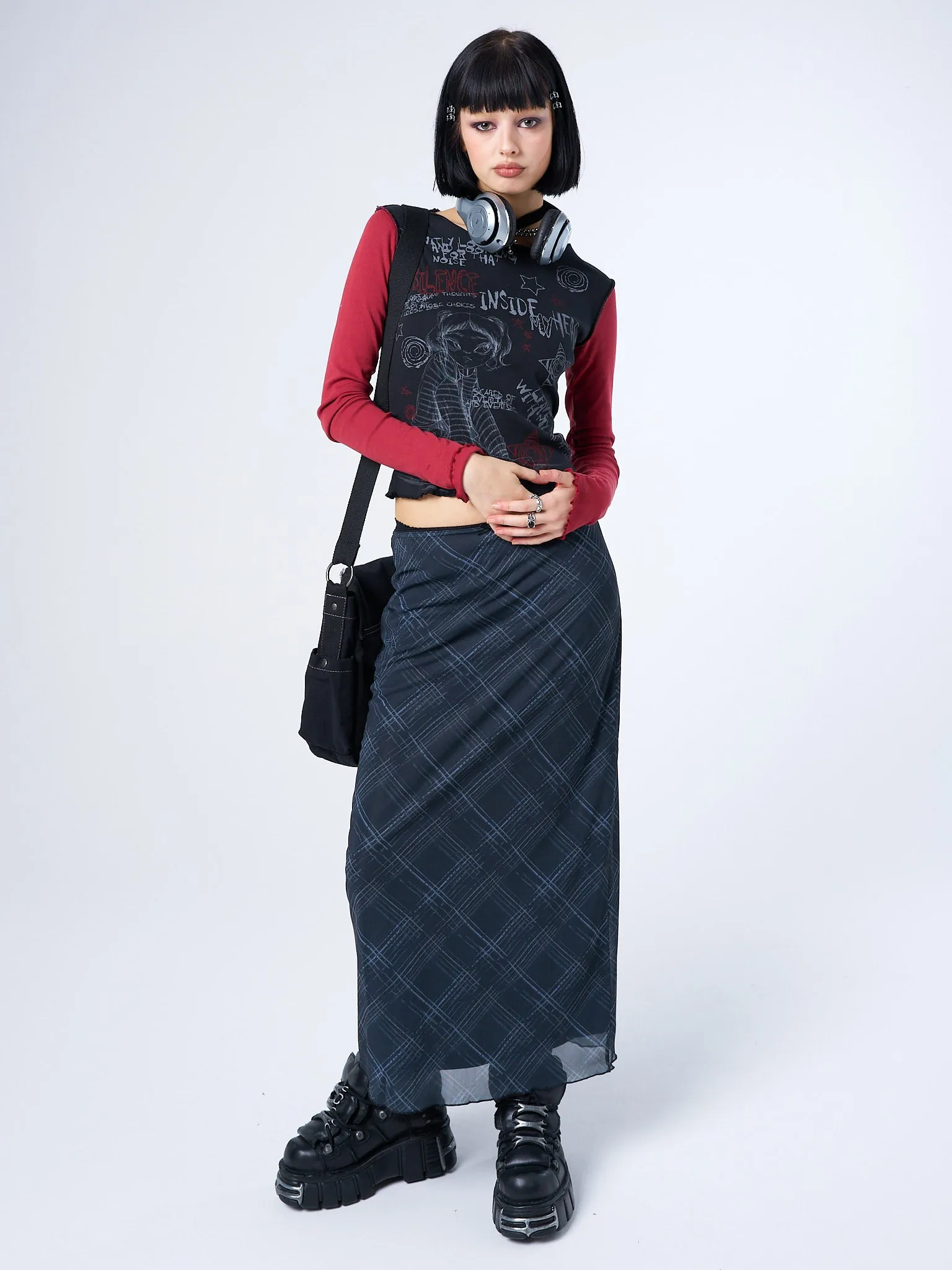 Erika Black Checked Mesh Maxi Skirt