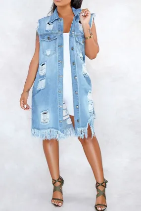 Frayed Fringe Sleeveless Denim Jacket