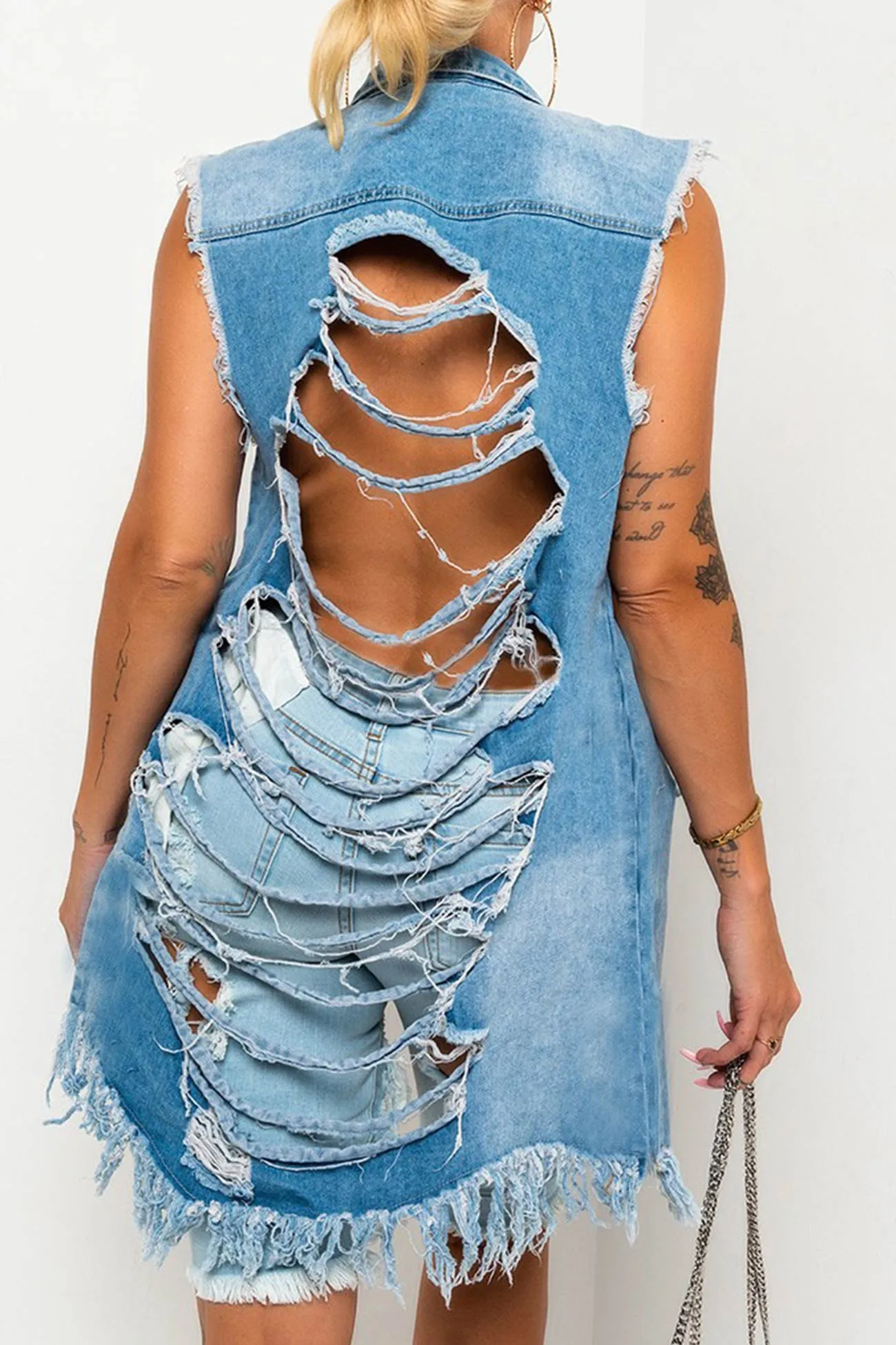 Frayed Fringe Sleeveless Denim Jacket