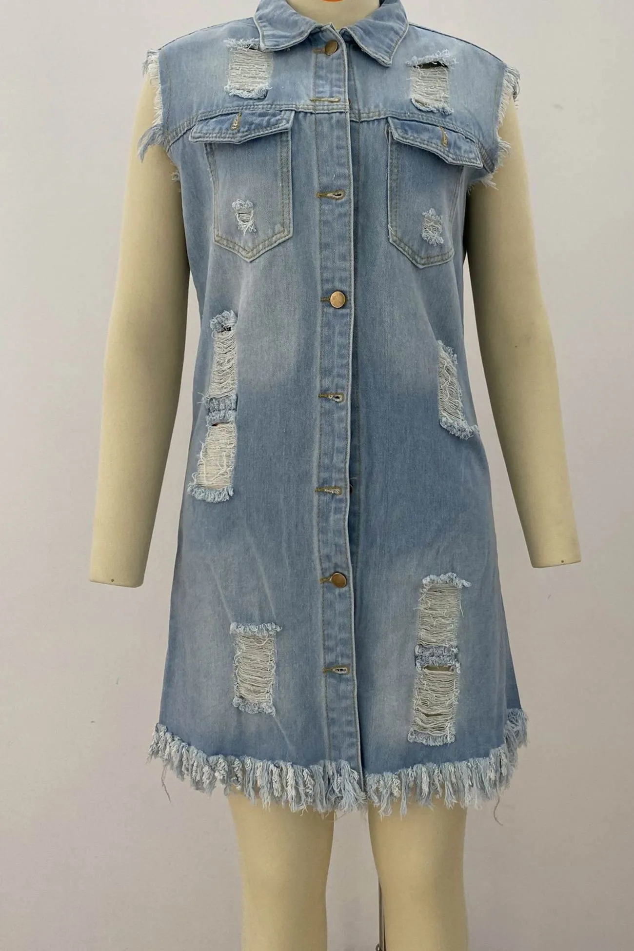 Frayed Fringe Sleeveless Denim Jacket