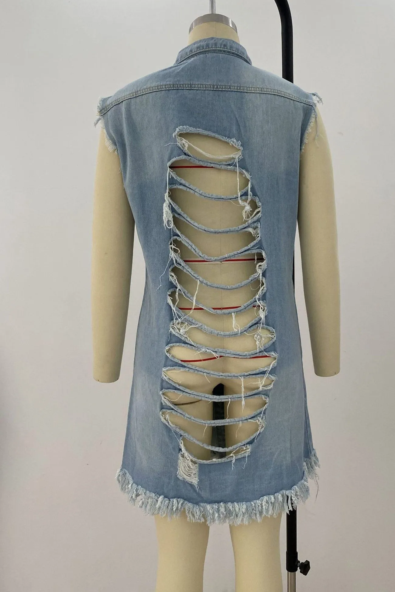 Frayed Fringe Sleeveless Denim Jacket