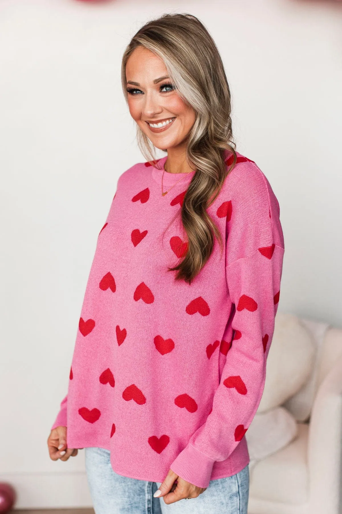 Genuine Love Heart Knit Sweater- Pink