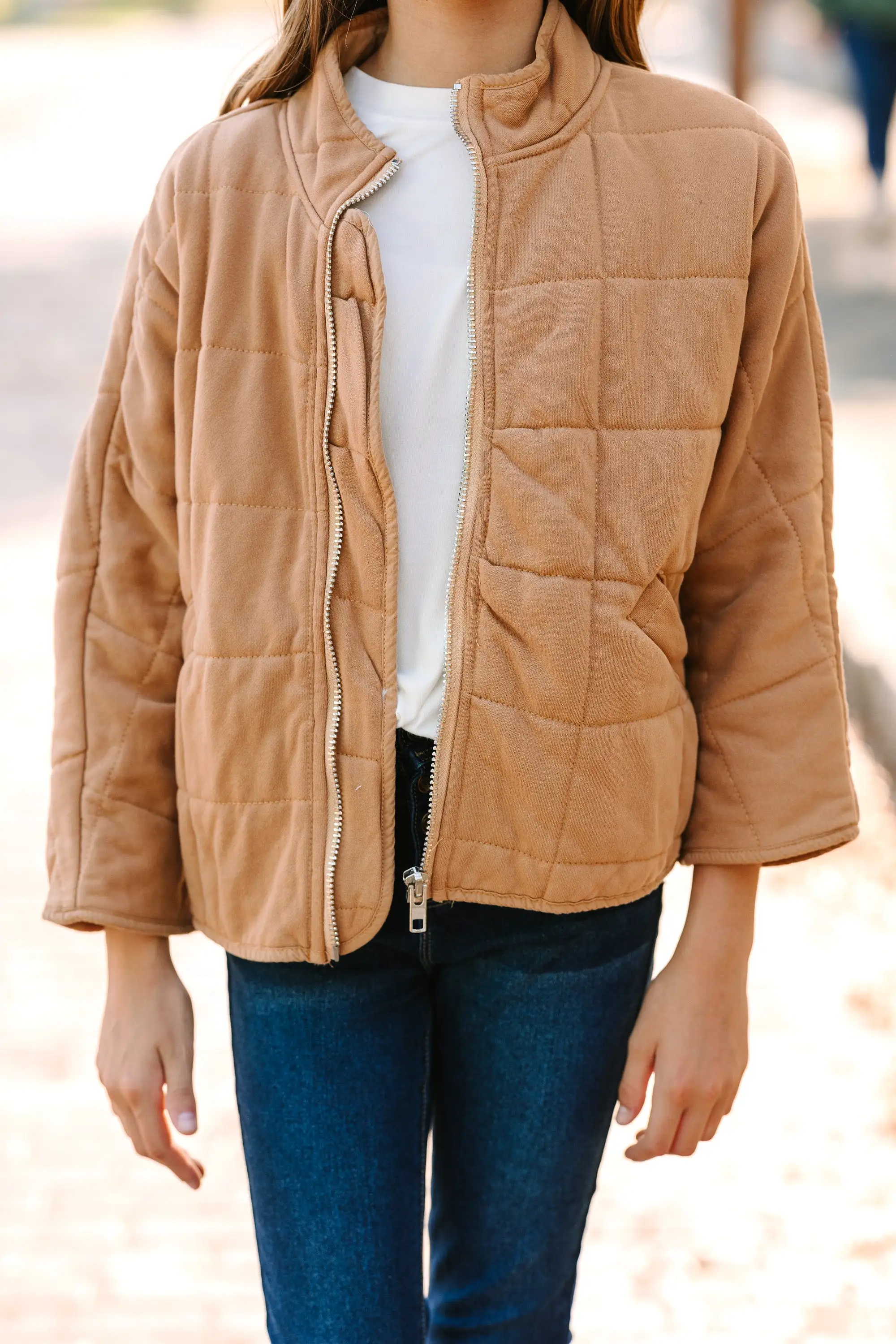 Girls: Getting Cozy Taupe Brown Quilted Jackets