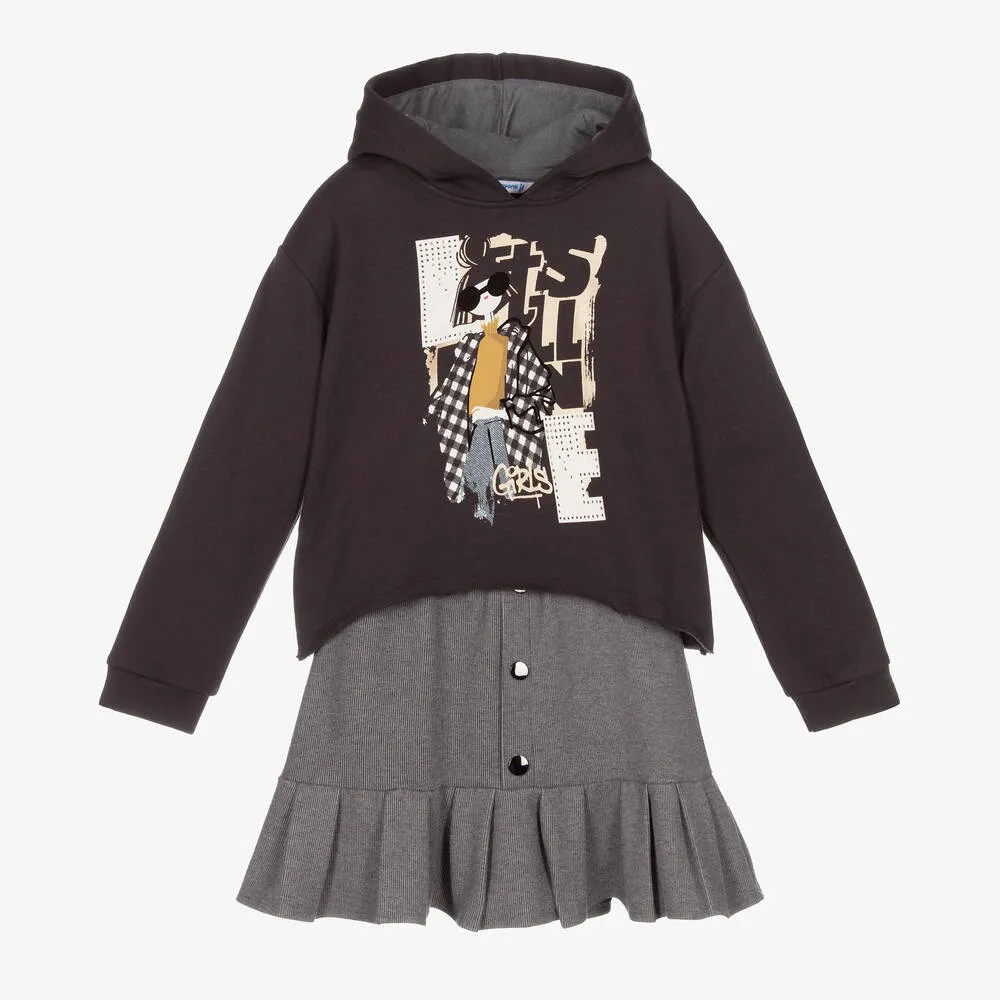 Girls Grey Hoodie & Skirt Set