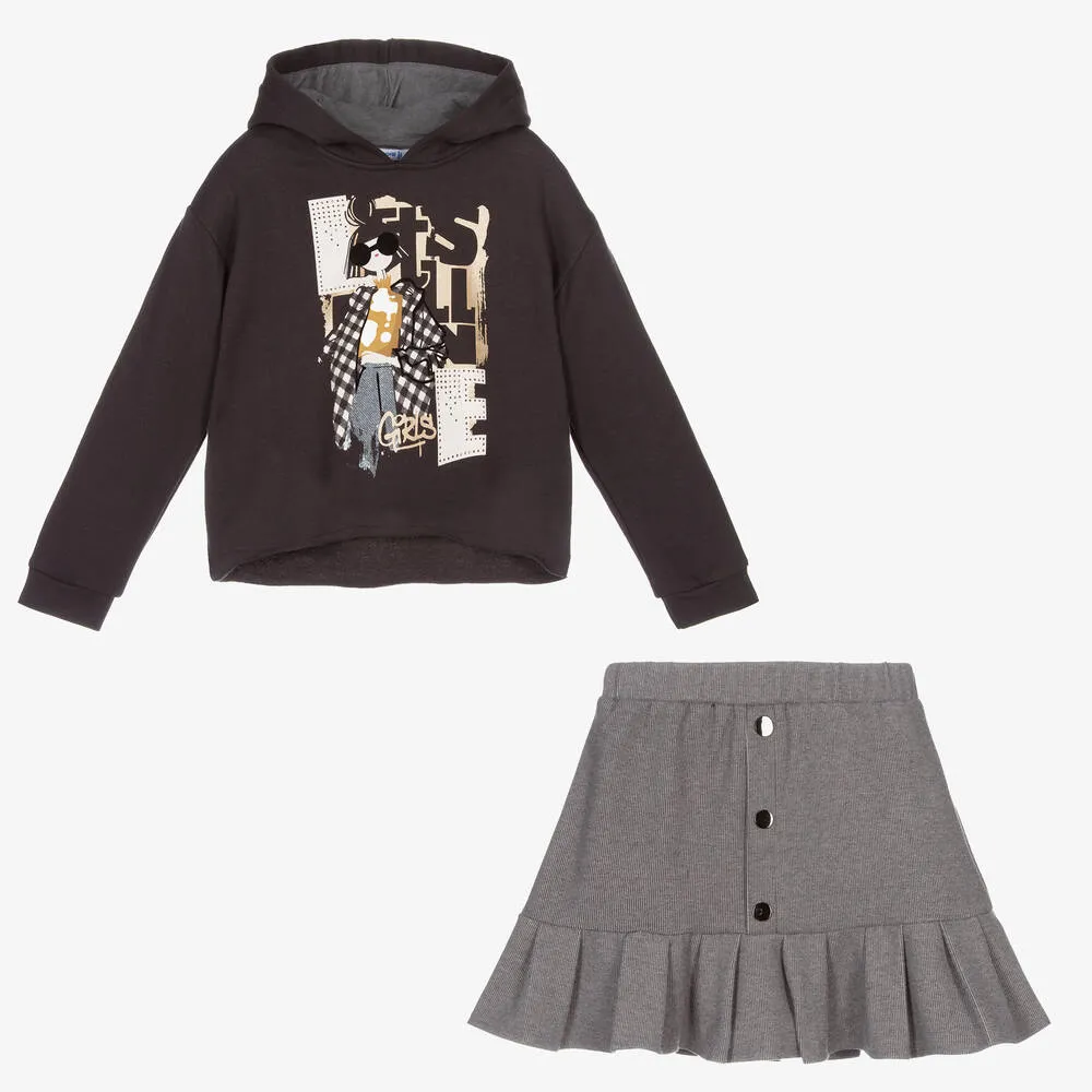 Girls Grey Hoodie & Skirt Set