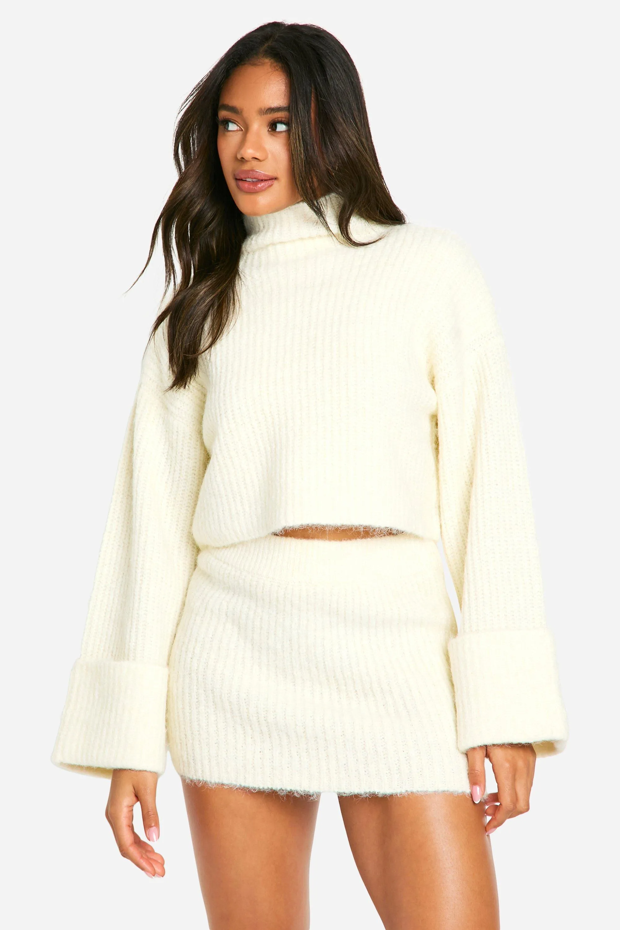 High Neck Oversized Crop Knitted Sweater And Micro Mini Skirt Set