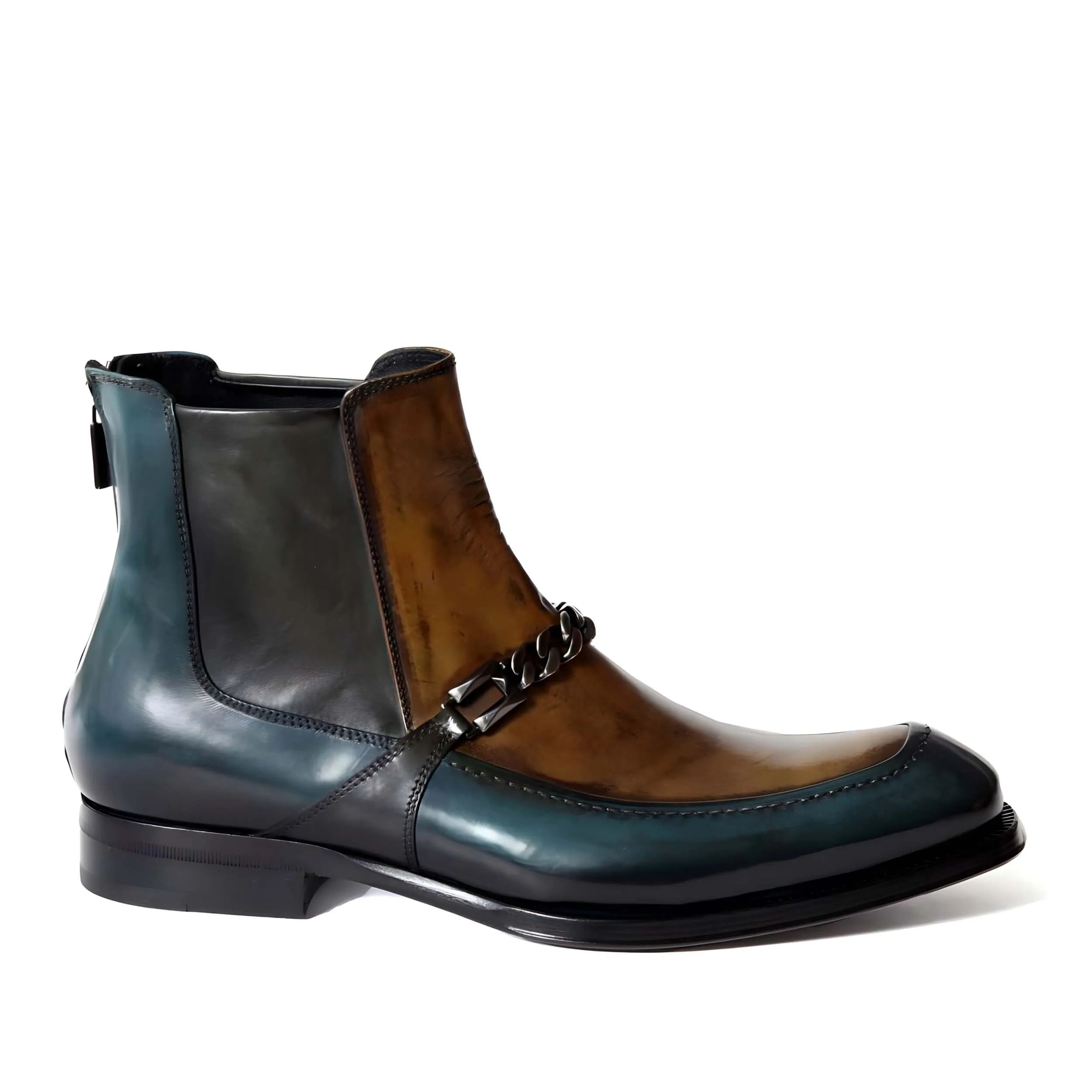 Jo Ghost 4749 Men's Shoes Turquoise, Cognac & Gray Calf-Skin Leather Ankle Boots (JG5356)