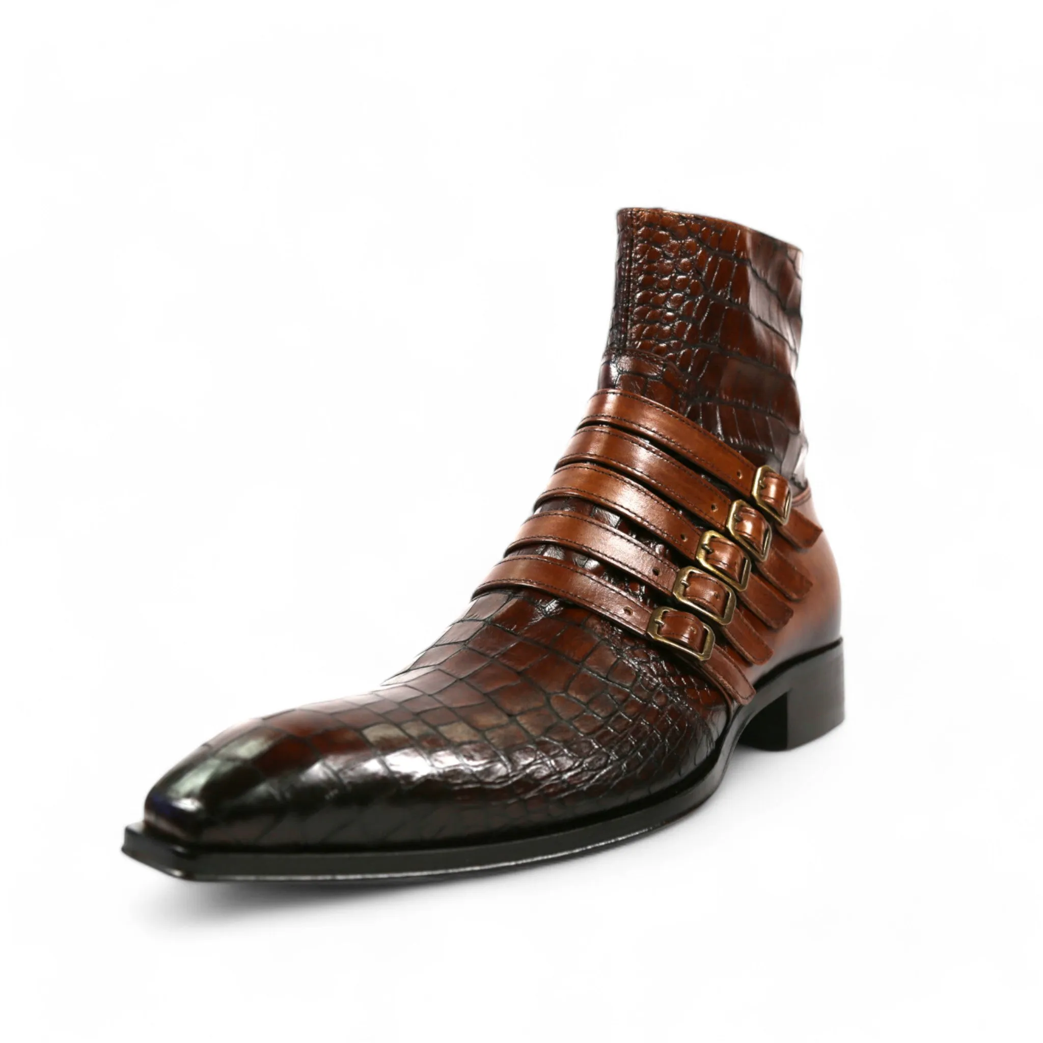 Jo Ghost 5225 Men's Shoes Two-Tone Brown Crocodile Print / Calf-Skin Leather Multi-Buckle Ankle Boots (JG5358)