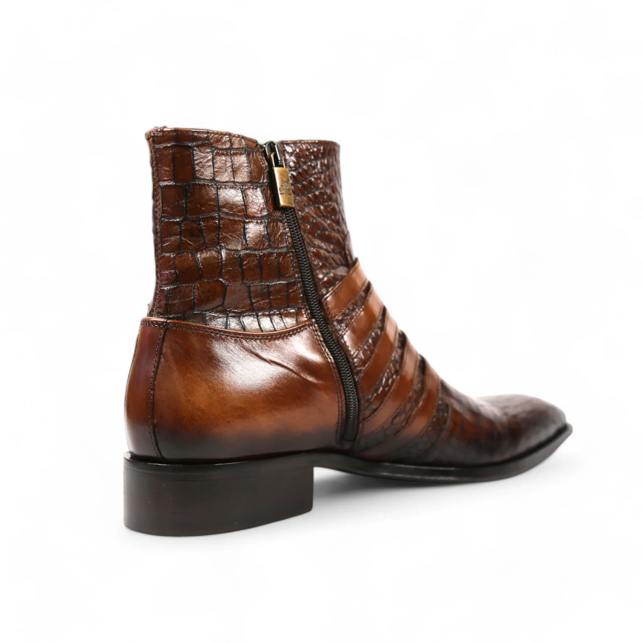 Jo Ghost 5225 Men's Shoes Two-Tone Brown Crocodile Print / Calf-Skin Leather Multi-Buckle Ankle Boots (JG5358)