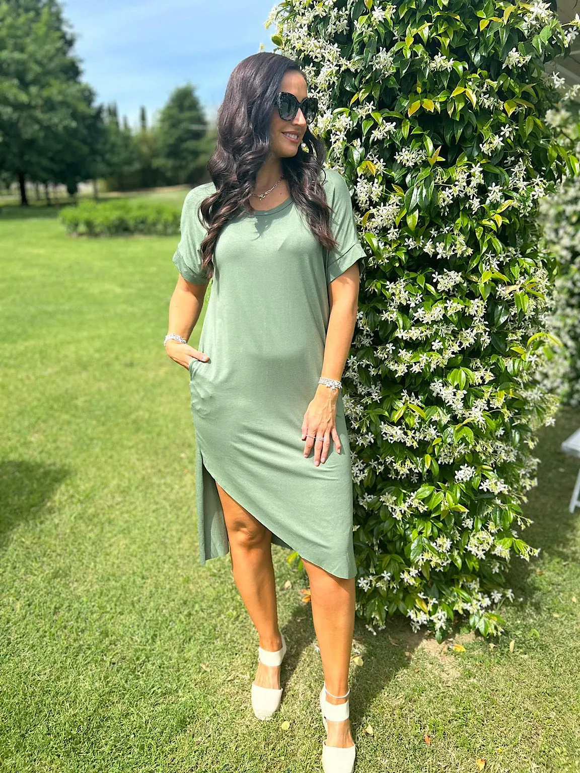 Khaki Asymmetric Hem T-Shirt Dress Cassie