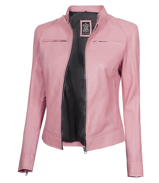 Light Pink Women's Motorcycle Cafe Racer Leather Jacket