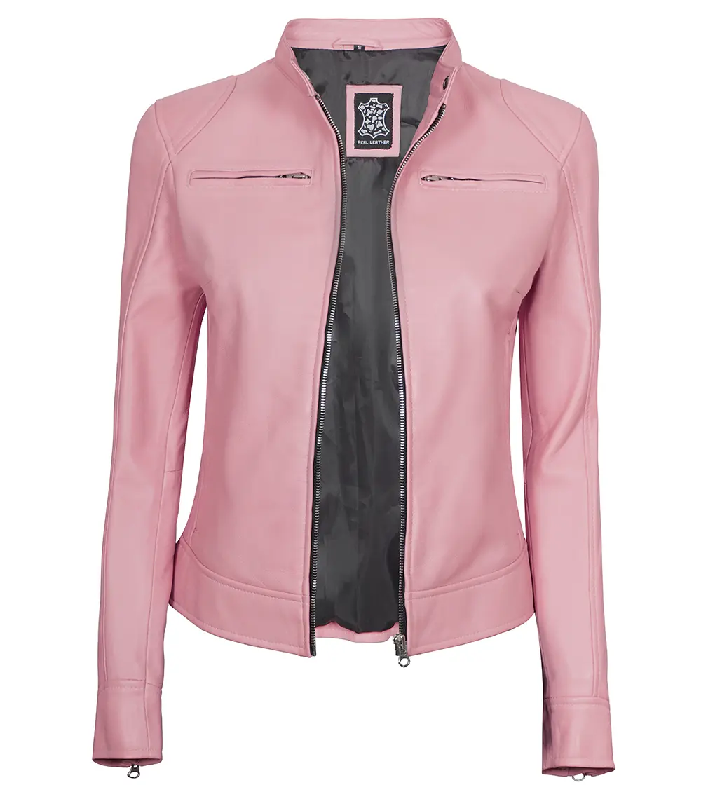 Light Pink Women's Motorcycle Cafe Racer Leather Jacket