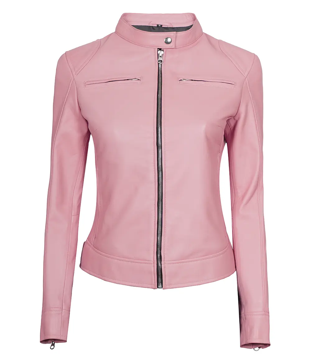 Light Pink Women's Motorcycle Cafe Racer Leather Jacket