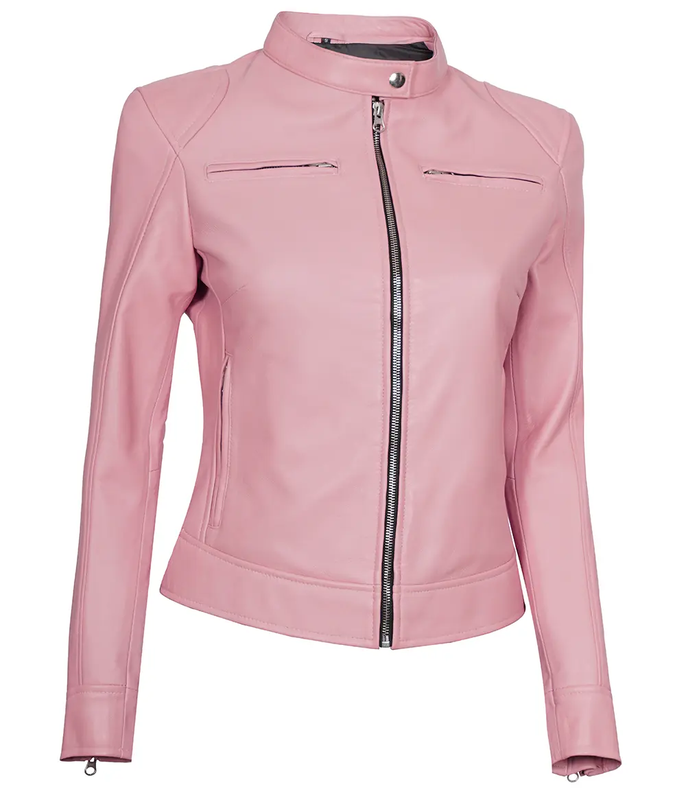 Light Pink Women's Motorcycle Cafe Racer Leather Jacket