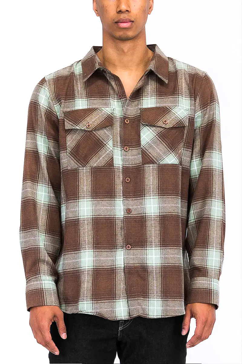 Long Sleeve Checkered Plaid Brushed Flannel