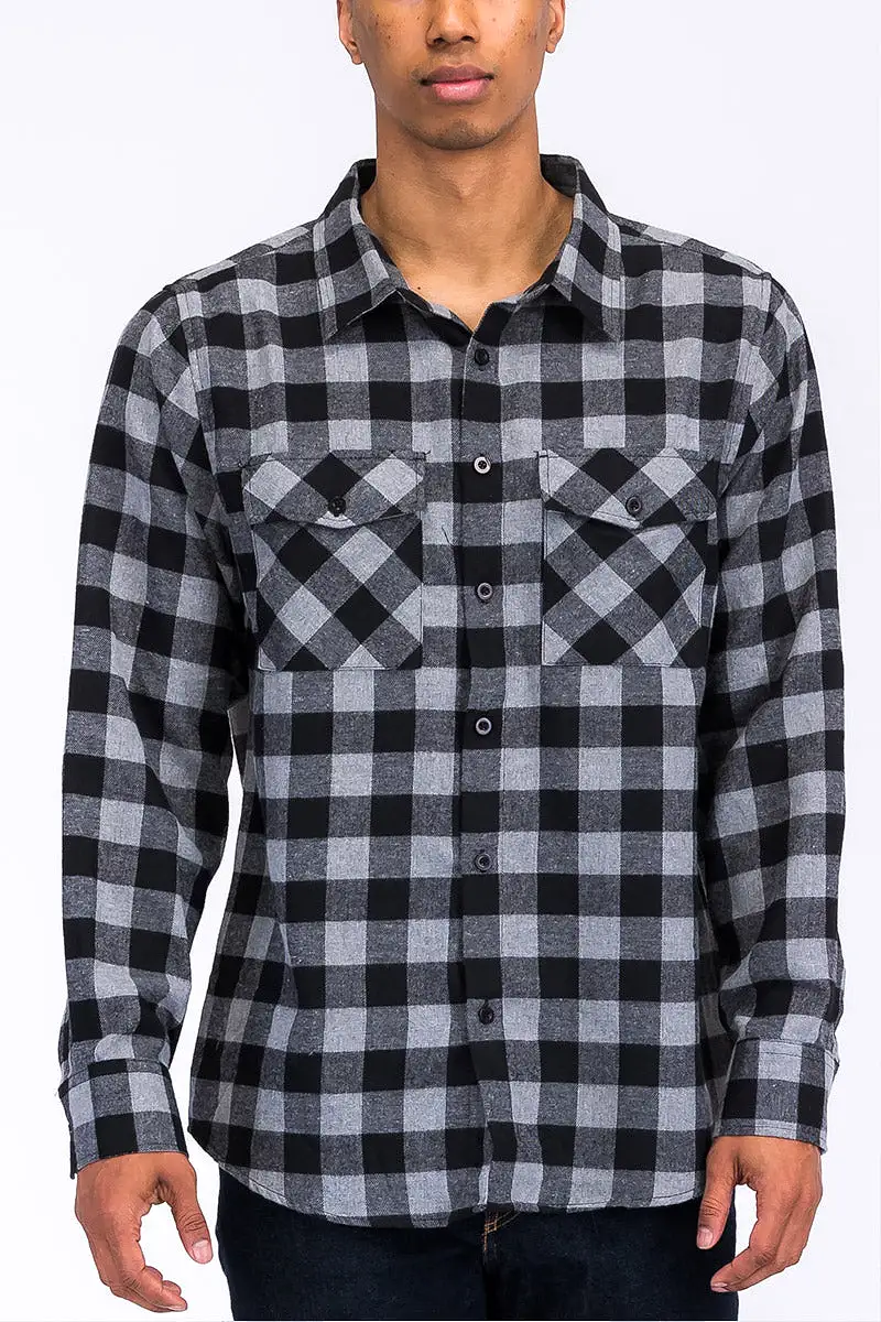 Long Sleeve Checkered Plaid Brushed Flannel