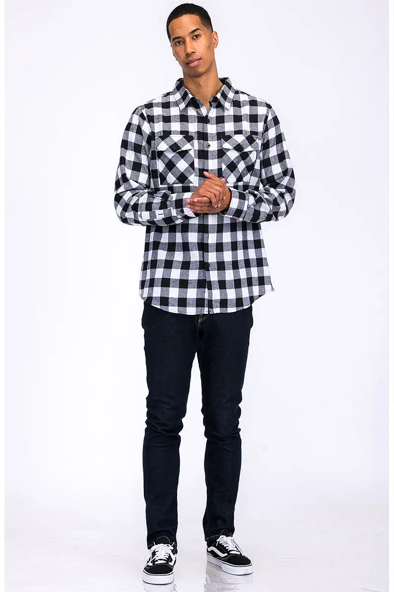 Long Sleeve Checkered Plaid Brushed Flannel