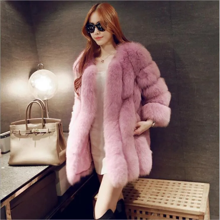 Luxury Long and High Furry Synthetic Fox Fur Winter Jacket for Women