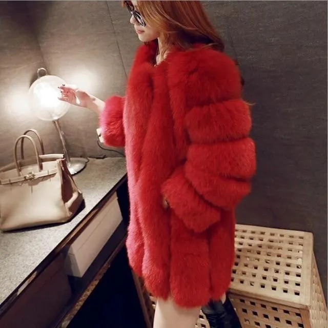 Luxury Long and High Furry Synthetic Fox Fur Winter Jacket for Women