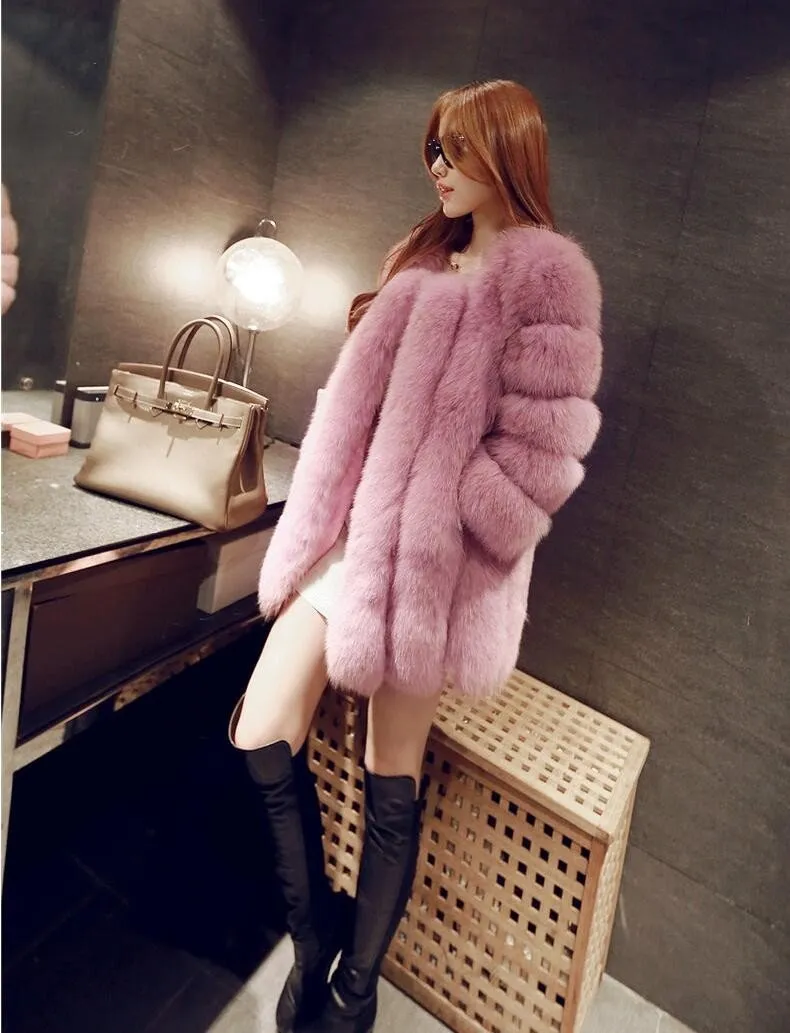 Luxury Long and High Furry Synthetic Fox Fur Winter Jacket for Women