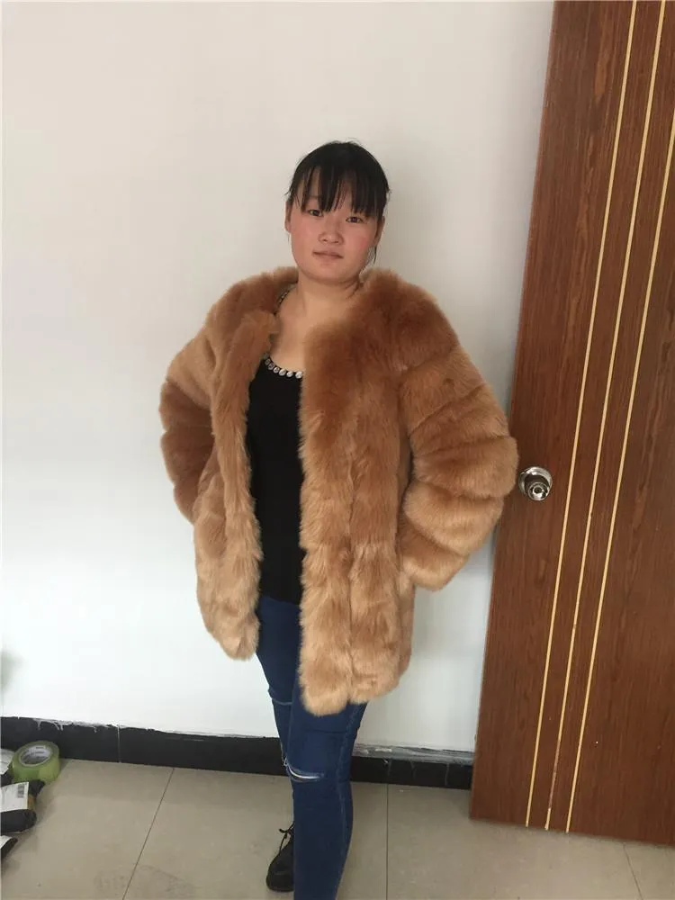 Luxury Long and High Furry Synthetic Fox Fur Winter Jacket for Women