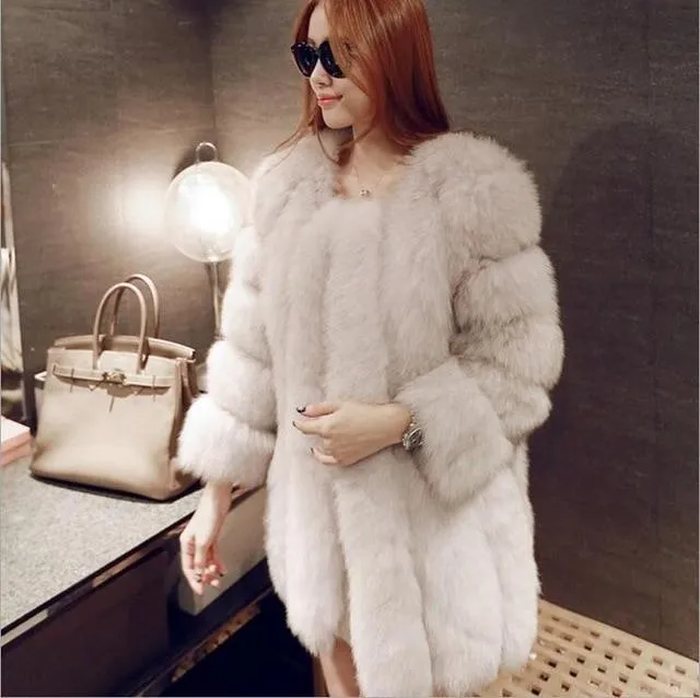 Luxury Long and High Furry Synthetic Fox Fur Winter Jacket for Women