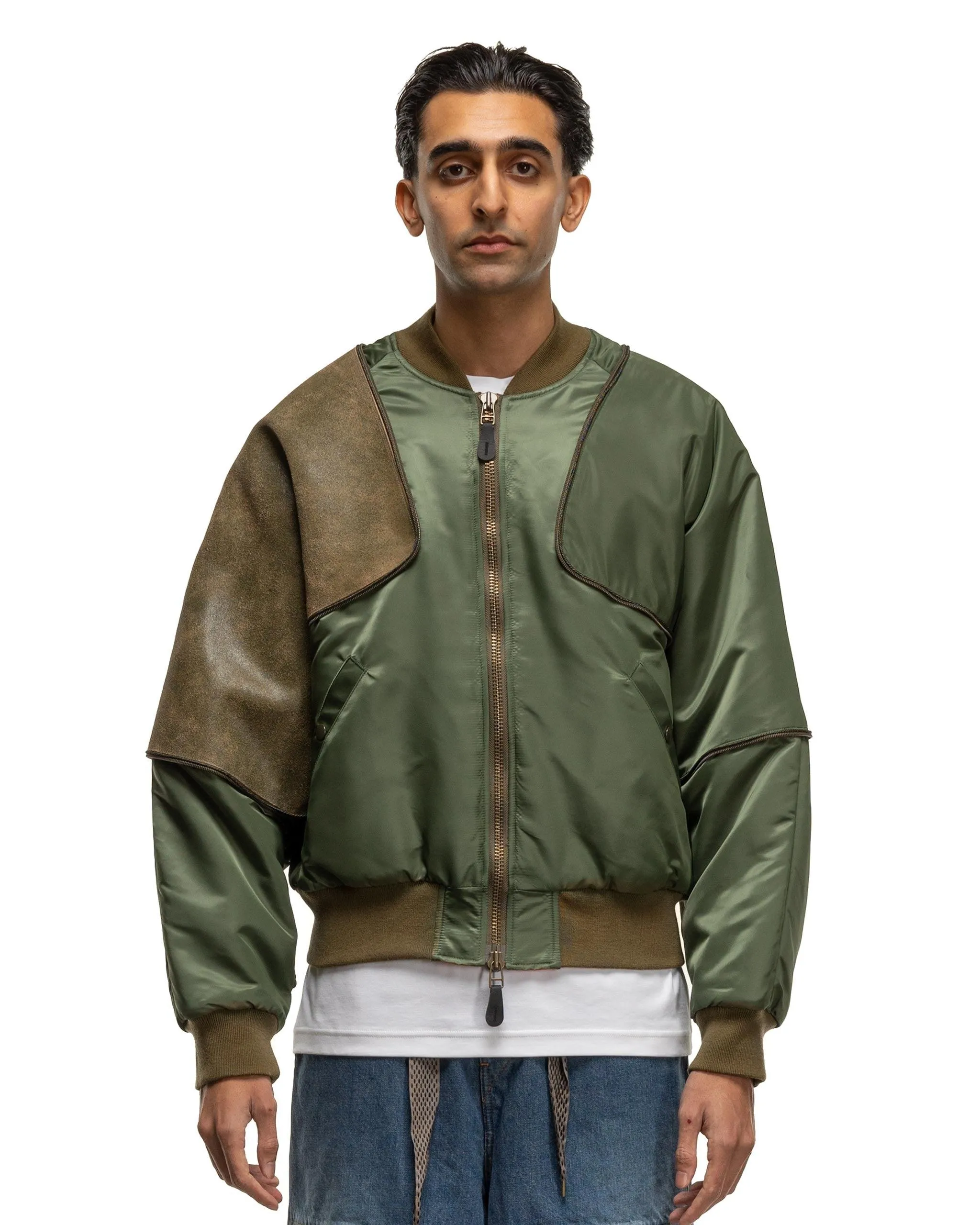 MA-1 Nylon x Crack Leather SHAM BOMBER JKT Khaki