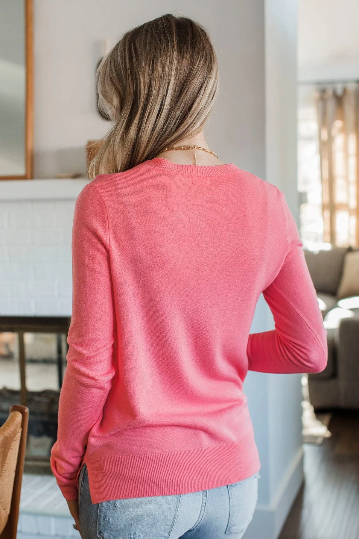 Making Plans V-Neck Sweater- Coral