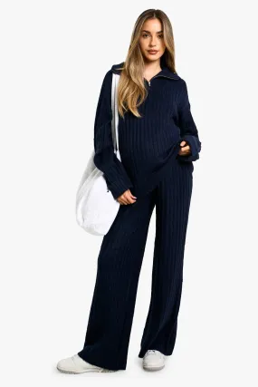 Maternity Soft Knit Thick Rib Zip Neck Oversized Sweater And Wide Leg Pants Set