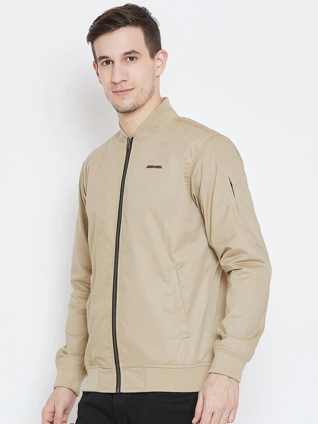 Men Casual Beige Bomber Jacket