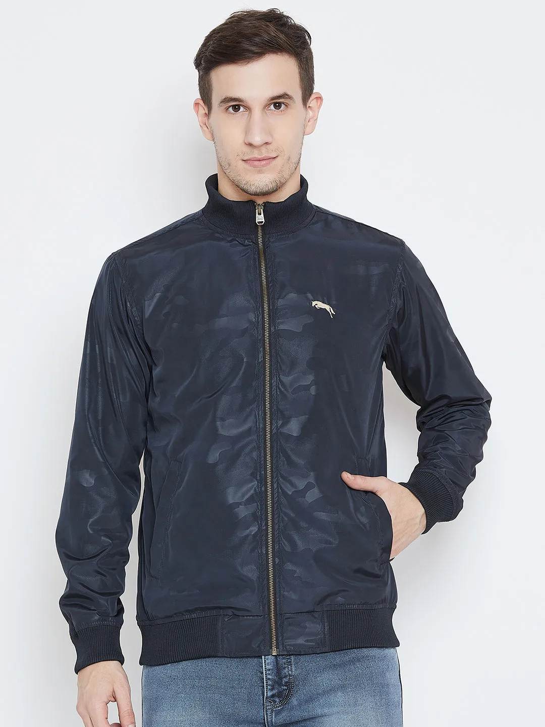 Men Casual Navy Blue Bomber Jacket