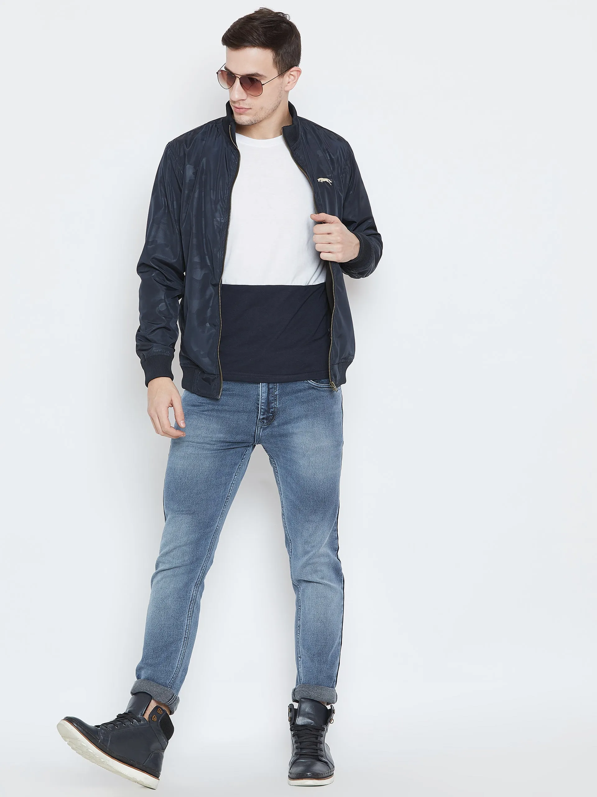 Men Casual Navy Blue Bomber Jacket