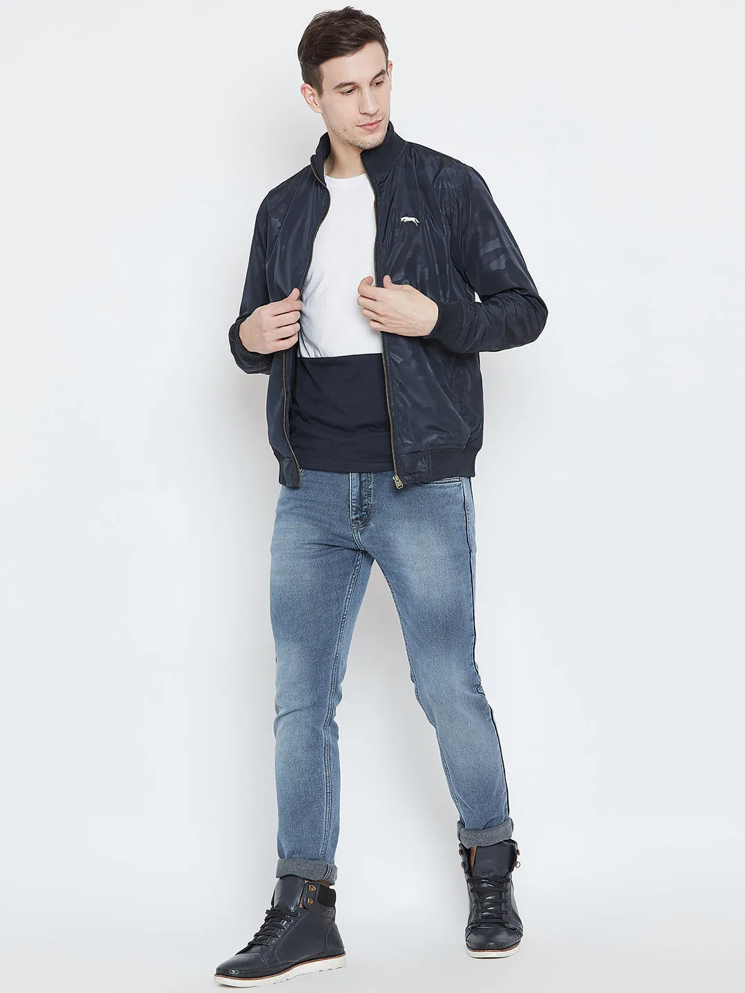 Men Casual Navy Blue Bomber Jacket