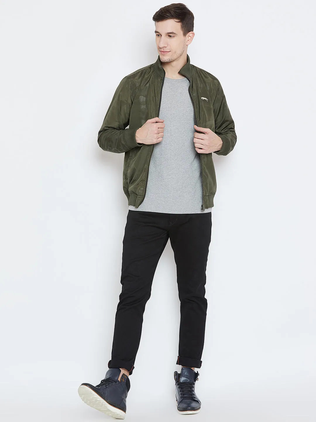 Men Casual Olive Bomber Jacket