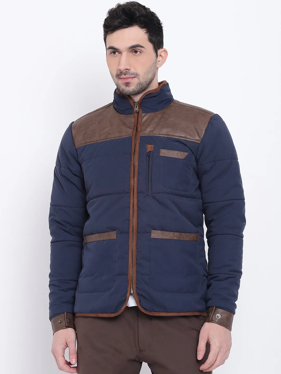 Men Casual Solid Blue Padded Jacket