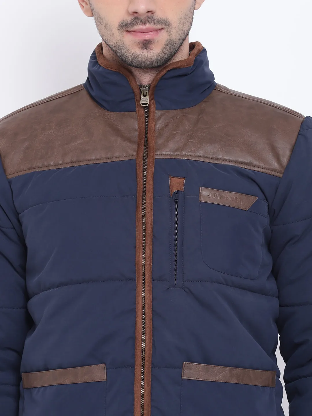 Men Casual Solid Blue Padded Jacket