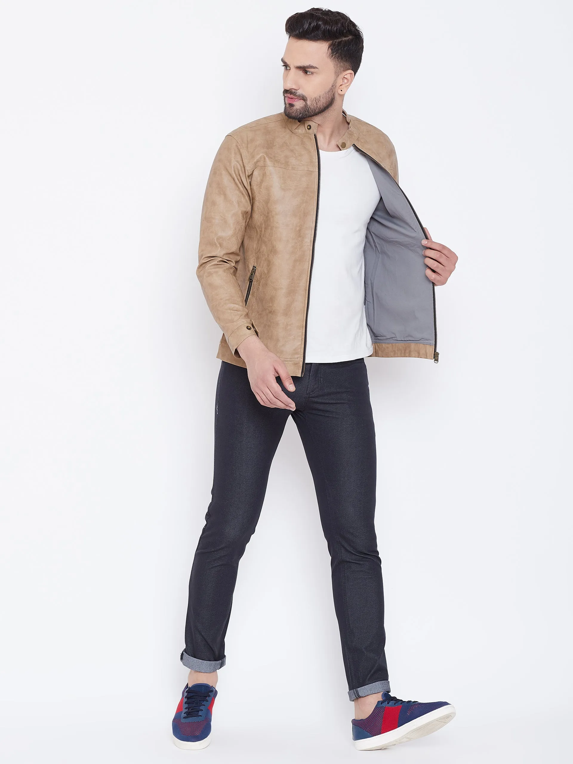 Men Casual Solid Khaki Leather Jacket