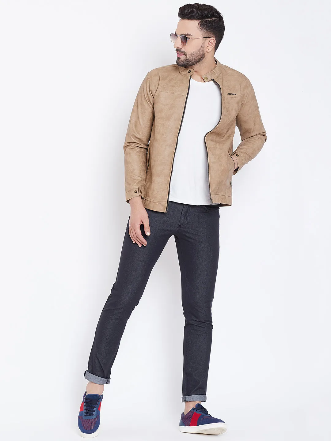 Men Casual Solid Khaki Leather Jacket