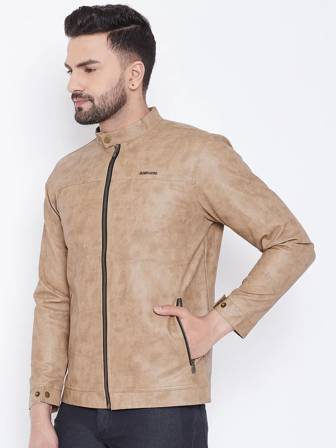 Men Casual Solid Khaki Leather Jacket