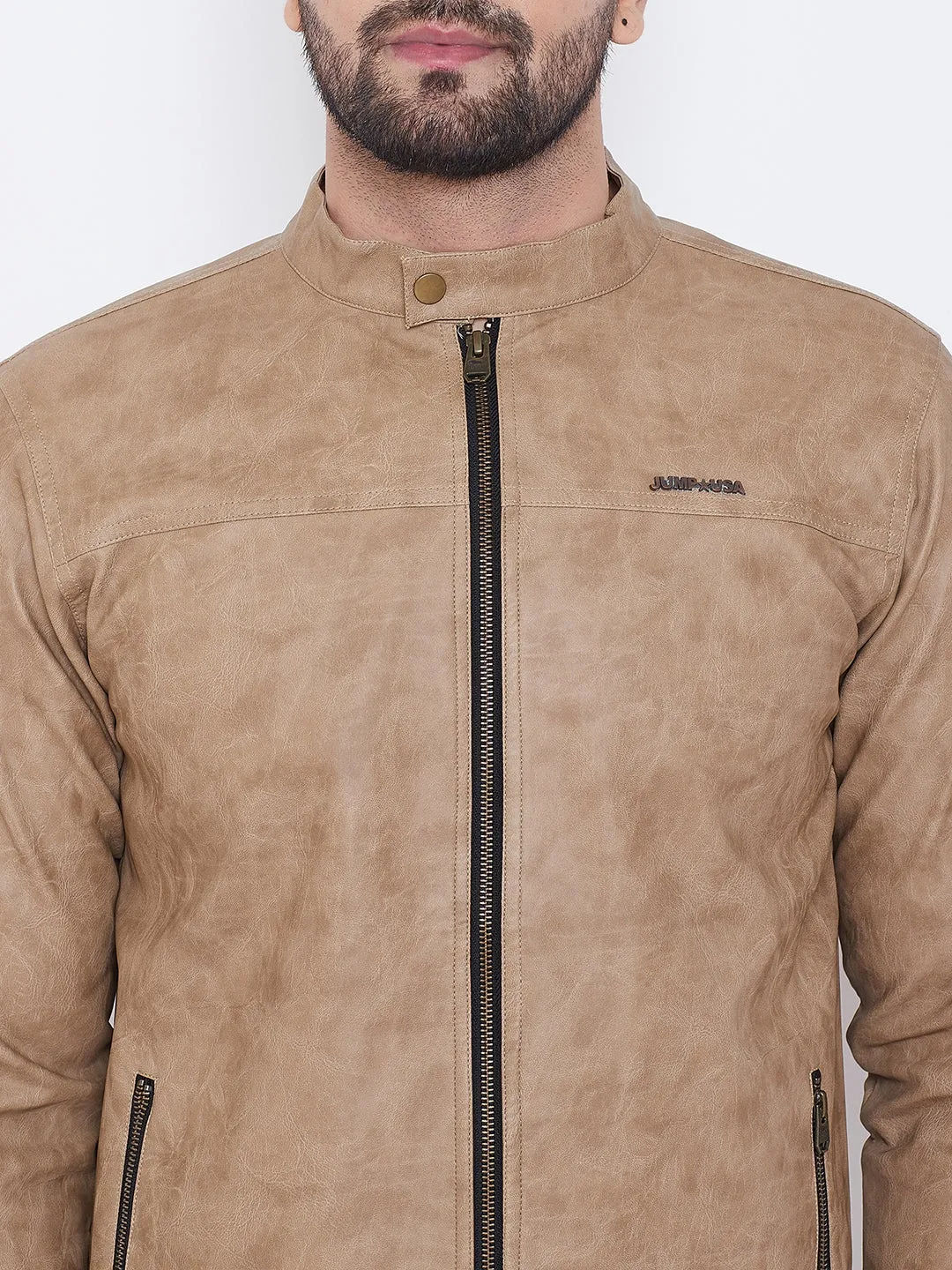 Men Casual Solid Khaki Leather Jacket