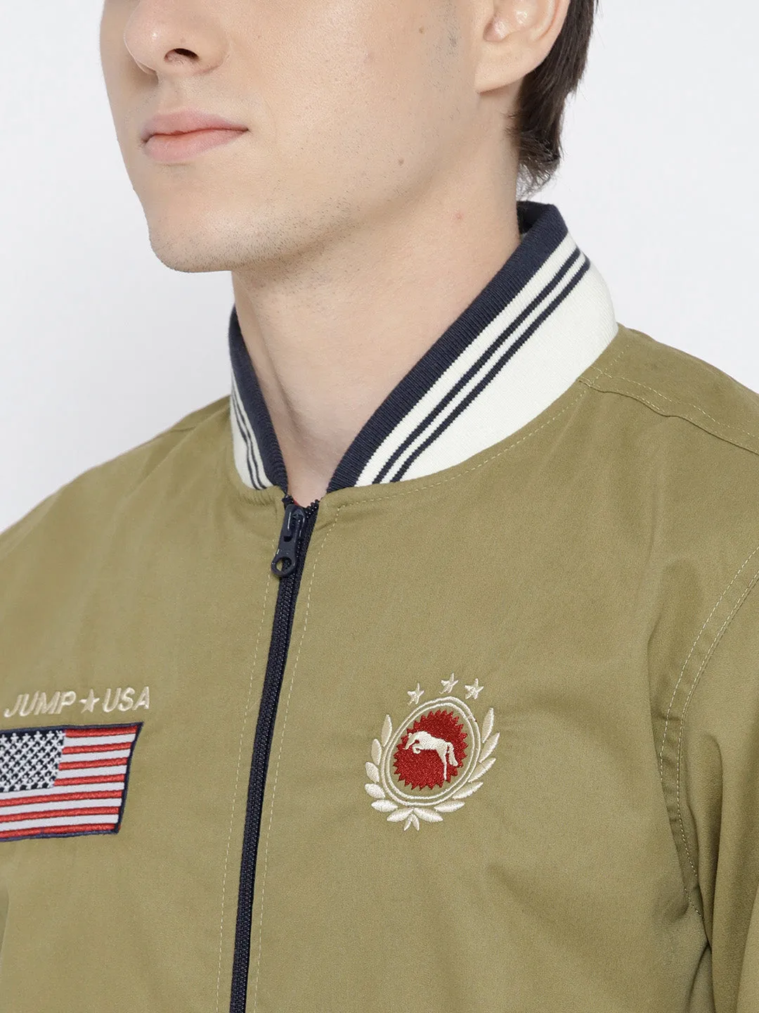 Men Khaki Solid Bomber Jacket